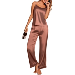 image:imageEkouaer Women Silk Satin Pajamas Sleeveless Pjs Set 2 Piece Summer Loungewear Sleepwear with Pockets SXXLDark Khaki