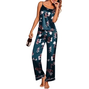 image:imageEkouaer Women Silk Satin Pajamas Sleeveless Pjs Set 2 Piece Summer Loungewear Sleepwear with Pockets SXXLGreen and White Floral