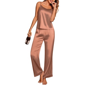 image:imageEkouaer Women Silk Satin Pajamas Sleeveless Pjs Set 2 Piece Summer Loungewear Sleepwear with Pockets SXXLLight Khaki