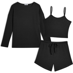 image:imageEkouaer Womens Crop Cami 3 Piece Waffle Knit Lounge Set Summer Pajama Sets with Long Sleeve Top amp Drawstring ShortsBlack