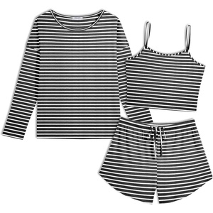 image:imageEkouaer Womens Crop Cami 3 Piece Waffle Knit Lounge Set Summer Pajama Sets with Long Sleeve Top amp Drawstring ShortsBlack and White Stripes