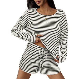 image:imageEkouaer Womens Crop Cami 3 Piece Waffle Knit Lounge Set Summer Pajama Sets with Long Sleeve Top amp Drawstring ShortsBlackBeige