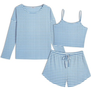 image:imageEkouaer Womens Crop Cami 3 Piece Waffle Knit Lounge Set Summer Pajama Sets with Long Sleeve Top amp Drawstring ShortsBlue and White Stripes