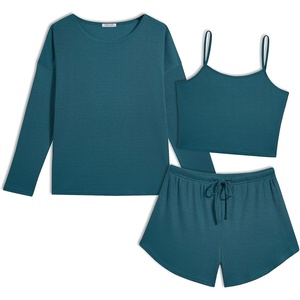 image:imageEkouaer Womens Crop Cami 3 Piece Waffle Knit Lounge Set Summer Pajama Sets with Long Sleeve Top amp Drawstring ShortsGreen