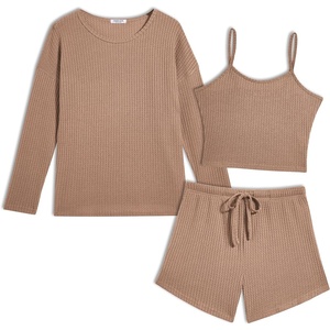 image:imageEkouaer Womens Crop Cami 3 Piece Waffle Knit Lounge Set Summer Pajama Sets with Long Sleeve Top amp Drawstring ShortsKhaki