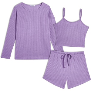 image:imageEkouaer Womens Crop Cami 3 Piece Waffle Knit Lounge Set Summer Pajama Sets with Long Sleeve Top amp Drawstring ShortsLight Purple