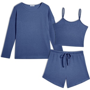 image:imageEkouaer Womens Crop Cami 3 Piece Waffle Knit Lounge Set Summer Pajama Sets with Long Sleeve Top amp Drawstring ShortsNavy Blue
