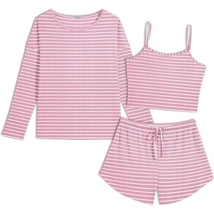 image:imageEkouaer Womens Crop Cami 3 Piece Waffle Knit Lounge Set Summer Pajama Sets with Long Sleeve Top amp Drawstring ShortsPink and White Stripes