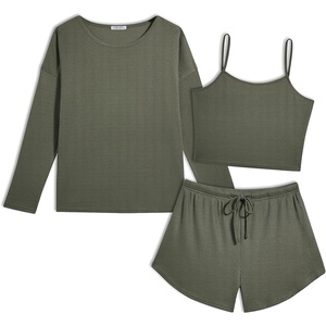 image:imageEkouaer Womens Crop Cami 3 Piece Waffle Knit Lounge Set Summer Pajama Sets with Long Sleeve Top amp Drawstring ShortsSage Green