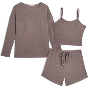 image:imageEkouaer Womens Crop Cami 3 Piece Waffle Knit Lounge Set Summer Pajama Sets with Long Sleeve Top amp Drawstring ShortsTaupe Gray
