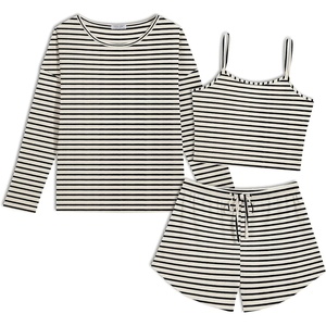 image:imageEkouaer Womens Crop Cami 3 Piece Waffle Knit Lounge Set Summer Pajama Sets with Long Sleeve Top amp Drawstring ShortsWhite and Black Stripes