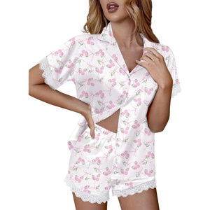 image:imageEkouaer Womens Lace Satin Pajama Set Button Down Pj Shorts Set Bridesmaids Getting Ready Outfits Casual Sleepwear XSXXLPink Bow Hydrangea