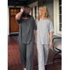 image:imageEkouaer 2 Pack Womens Pajama Sets Short Sleeve Tops and Long Pants Casual Comfy Pjs Lounge Set with PocketsSXXLDark GreyGrey Striped
