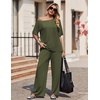 image:imageEkouaer Lounge Sets for Women Off ShoulderRight Short Sleeve Tops and Long Pants 2 Piece Set Summer Soft Matching OutfitArmy Green