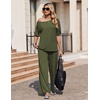 image:imageEkouaer Lounge Sets for Women Off ShoulderRight Short Sleeve Tops and Long Pants 2 Piece Set Summer Soft Matching OutfitArmy Green