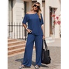 image:imageEkouaer Lounge Sets for Women Off ShoulderRight Short Sleeve Tops and Long Pants 2 Piece Set Summer Soft Matching OutfitBlue