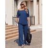 image:imageEkouaer Lounge Sets for Women Off ShoulderRight Short Sleeve Tops and Long Pants 2 Piece Set Summer Soft Matching OutfitBlue