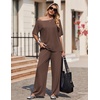 image:imageEkouaer Lounge Sets for Women Off ShoulderRight Short Sleeve Tops and Long Pants 2 Piece Set Summer Soft Matching OutfitBrown