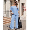 image:imageEkouaer Lounge Sets for Women Off ShoulderRight Short Sleeve Tops and Long Pants 2 Piece Set Summer Soft Matching OutfitClear Blue