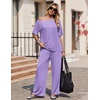 image:imageEkouaer Lounge Sets for Women Off ShoulderRight Short Sleeve Tops and Long Pants 2 Piece Set Summer Soft Matching OutfitLilac