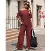 image:imageEkouaer Lounge Sets for Women Off ShoulderRight Short Sleeve Tops and Long Pants 2 Piece Set Summer Soft Matching OutfitWine Red
