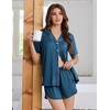 image:imageEkouaer Pajamas for Women Set Button Up Sleepwear 2 Piece Pjs Lounge Set Short Sleeve NightwearDark Blue