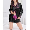 image:imageEkouaer Satin Pajamas Set for Women 2 Piece Silky Long Sleeve and Ruffle Shorts Pajamas Button Down Pjs Loungewear SetBlack
