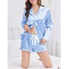 image:imageEkouaer Satin Pajamas Set for Women 2 Piece Silky Long Sleeve and Ruffle Shorts Pajamas Button Down Pjs Loungewear SetBlue