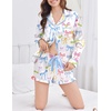 image:imageEkouaer Satin Pajamas Set for Women 2 Piece Silky Long Sleeve and Ruffle Shorts Pajamas Button Down Pjs Loungewear SetColorful Bows