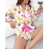 image:imageEkouaer Satin Pajamas Set for Women 2 Piece Silky Long Sleeve and Ruffle Shorts Pajamas Button Down Pjs Loungewear SetColorful Fruit Prints