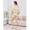 image:imageEkouaer Satin Pajamas Set for Women 2 Piece Silky Long Sleeve and Ruffle Shorts Pajamas Button Down Pjs Loungewear SetColorful Fruit Prints