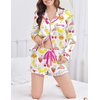 image:imageEkouaer Satin Pajamas Set for Women 2 Piece Silky Long Sleeve and Ruffle Shorts Pajamas Button Down Pjs Loungewear SetColorful Fruit Prints