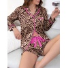 image:imageEkouaer Satin Pajamas Set for Women 2 Piece Silky Long Sleeve and Ruffle Shorts Pajamas Button Down Pjs Loungewear SetLeopard