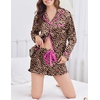 image:imageEkouaer Satin Pajamas Set for Women 2 Piece Silky Long Sleeve and Ruffle Shorts Pajamas Button Down Pjs Loungewear SetLeopard