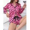 image:imageEkouaer Satin Pajamas Set for Women 2 Piece Silky Long Sleeve and Ruffle Shorts Pajamas Button Down Pjs Loungewear SetRose Red Heart Leopard Print
