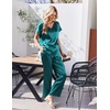 image:imageEkouaer Silk Pajamas for Women 2 Piece Satin Pjs Cap Short Sleeve Sleepwear V Neck Shirt Long Pant Lounge Sets Blue Green M