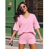 image:imageEkouaer Two Piece Sets for Women Summer Lounge Sets 2026 Striped Shirts and Shorts Set Oversized Matching OutfitPink