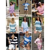 image:imageEkouaer Two Piece Sets for Women Summer Lounge Sets 2026 Striped Shirts and Shorts Set Oversized Matching OutfitVertical Stripeblue Beige Combo