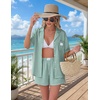 image:imageEkouaer Two Piece Sets for Women Summer Y2K Shirt and Shorts Beach Vacation Cruise Outfits Travel Sweatsuits Lounge SetGreen White Plaid
