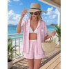 image:imageEkouaer Two Piece Sets for Women Summer Y2K Shirt and Shorts Beach Vacation Cruise Outfits Travel Sweatsuits Lounge SetPink Love Stripe