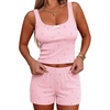 image:imageEkouaer Women Pajama Set 2 Pieces Tank Top and Shorts Cami Sleepwear Loungewear Ribbed Knit Pjs Sets Soft LingerieStripespink Bow