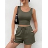 image:imageEkouaer Womens 3 Piece Lounge Set Soft Twisted Rib Knit Summer Vacation Outfits Crop Top Shorts amp Pants Set With PokcetArmy Green