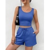 image:imageEkouaer Womens 3 Piece Lounge Set Soft Twisted Rib Knit Summer Vacation Outfits Crop Top Shorts amp Pants Set With PokcetBlue