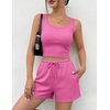 image:imageEkouaer Womens 3 Piece Lounge Set Soft Twisted Rib Knit Summer Vacation Outfits Crop Top Shorts amp Pants Set With PokcetHot Pink