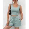 image:imageEkouaer Womens 3 Piece Lounge Set Soft Twisted Rib Knit Summer Vacation Outfits Crop Top Shorts amp Pants Set With PokcetIce Cream Green