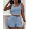 image:imageEkouaer Womens 3 Piece Lounge Set Soft Twisted Rib Knit Summer Vacation Outfits Crop Top Shorts amp Pants Set With PokcetLight Blue
