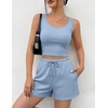 image:imageEkouaer Womens 3 Piece Lounge Set Soft Twisted Rib Knit Summer Vacation Outfits Crop Top Shorts amp Pants Set With PokcetLight Blue