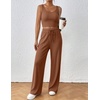 image:imageEkouaer Womens 3 Piece Lounge Set Soft Twisted Rib Knit Summer Vacation Outfits Crop Top Shorts amp Pants Set With PokcetLight Brown