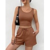 image:imageEkouaer Womens 3 Piece Lounge Set Soft Twisted Rib Knit Summer Vacation Outfits Crop Top Shorts amp Pants Set With PokcetLight Brown