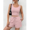 image:imageEkouaer Womens 3 Piece Lounge Set Soft Twisted Rib Knit Summer Vacation Outfits Crop Top Shorts amp Pants Set With PokcetLight Pink